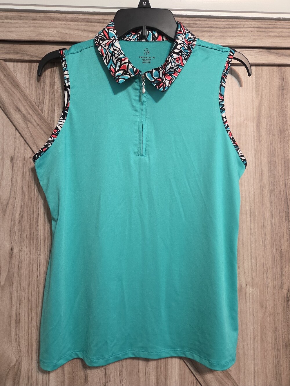 Emerald 18 Teal Zippered Sleeveless Polo with Printed Trim